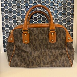 Michael Kors MK Signature Bag  Coated Canvas Small Satchel Purse Leather Trim
